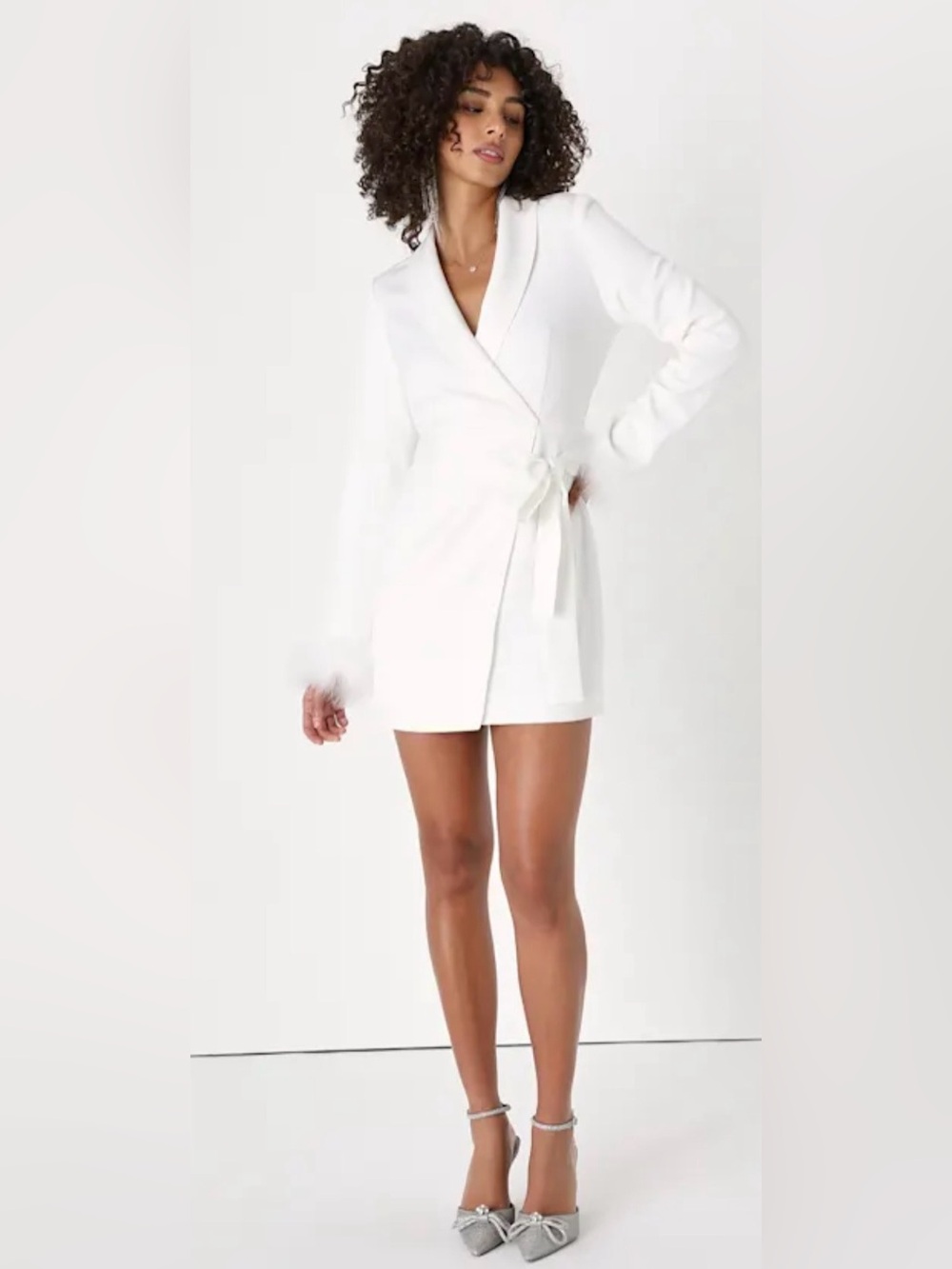 Lulus White Feather Cuff Wrap Blazer Mini Dress Bridal Party Size Small